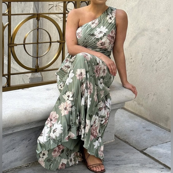 Abercrombie & Fitch Giselle Pleated One Shoulder Green Floral Maxi Dress Size M - Picture 3 of 16